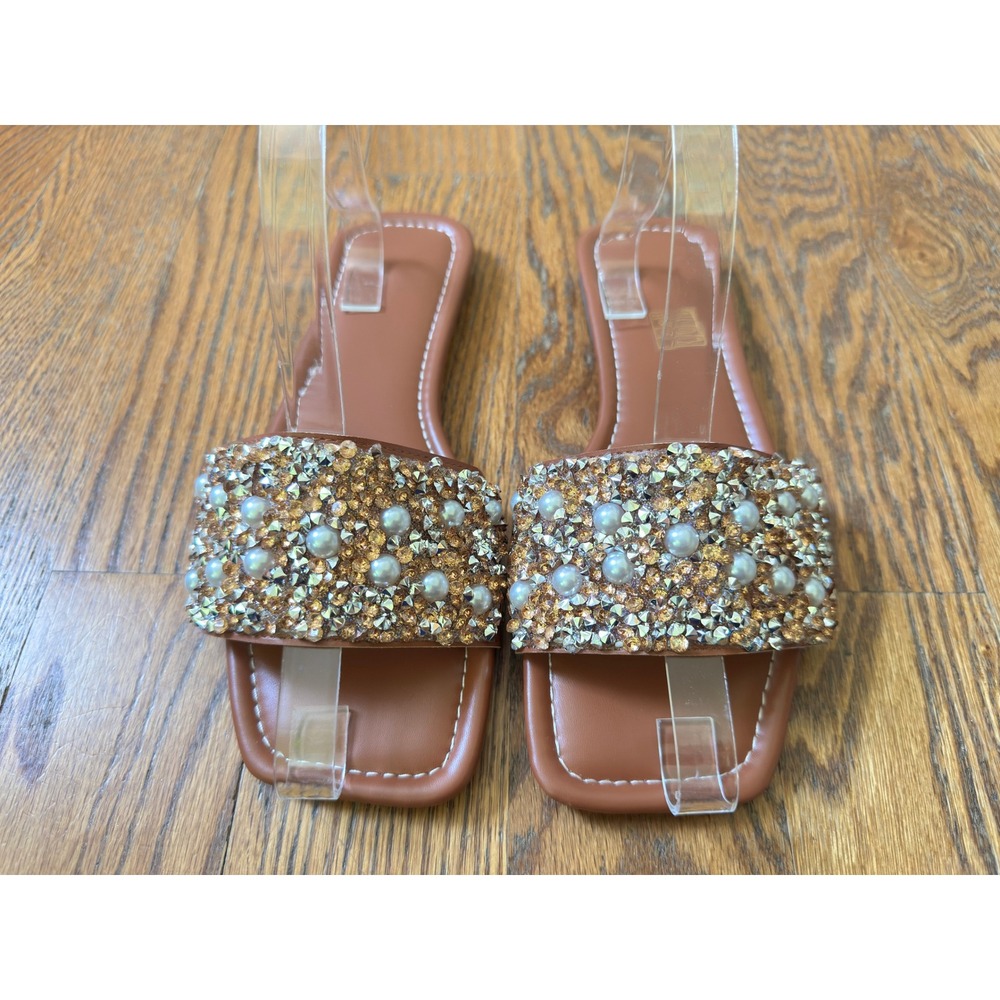 Gold Rhinestone Pearl Embellished Flat Slide Sandals Square Toe sz Women's 8.5
